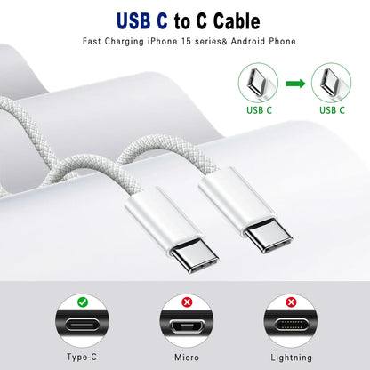 Cable trenzado USB-C a USB-C de 60W de carga rápida y sincronización de datos para iPhone, Samsung y Xiaomi