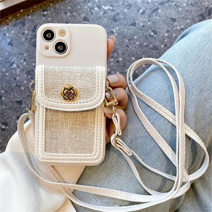Funda iPhone Jardín Camelia blanca con bolsita de lino y correa