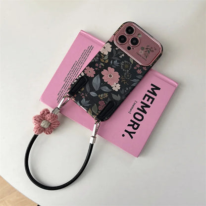 Funda de celular con crisantemos retro y correa de mano