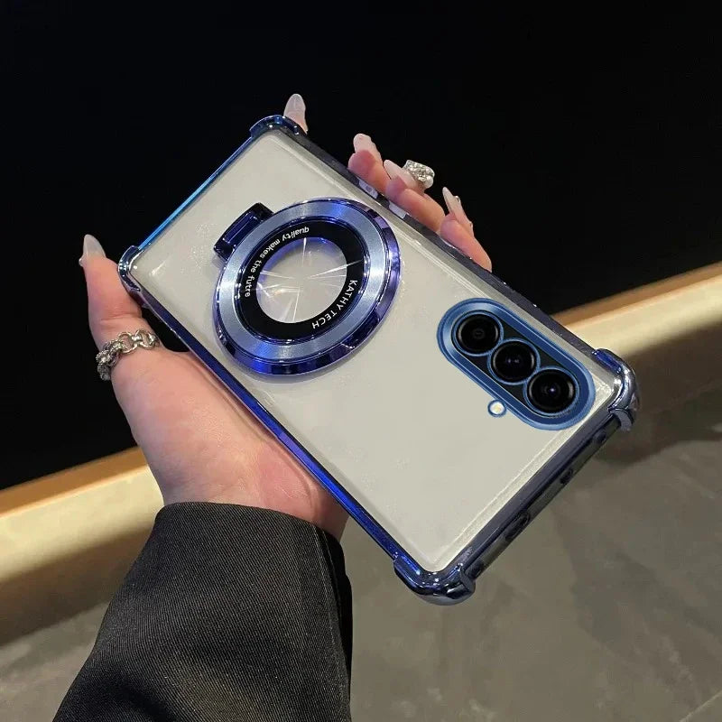 Funda para Samsung Galaxy A con soporte, antigolpes, transparente y acabado metalizado de lujo