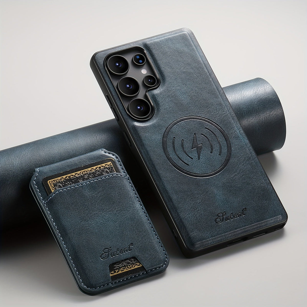 Funda magnética premium de piel con carga inalámbrica, soporte y tarjetero para Samsung
