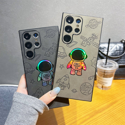 Funda de piel premium con astronauta grabado láser para Samsung, protección reforzada y estilo único