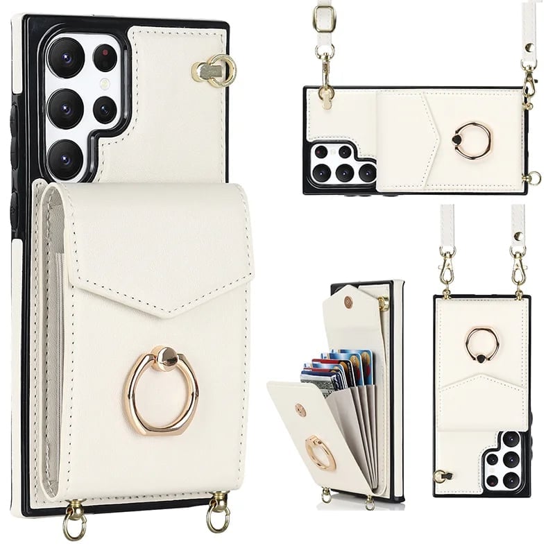 Funda cartera Samsung con correa cruzada y tarjetero, anillo soporte ajustable