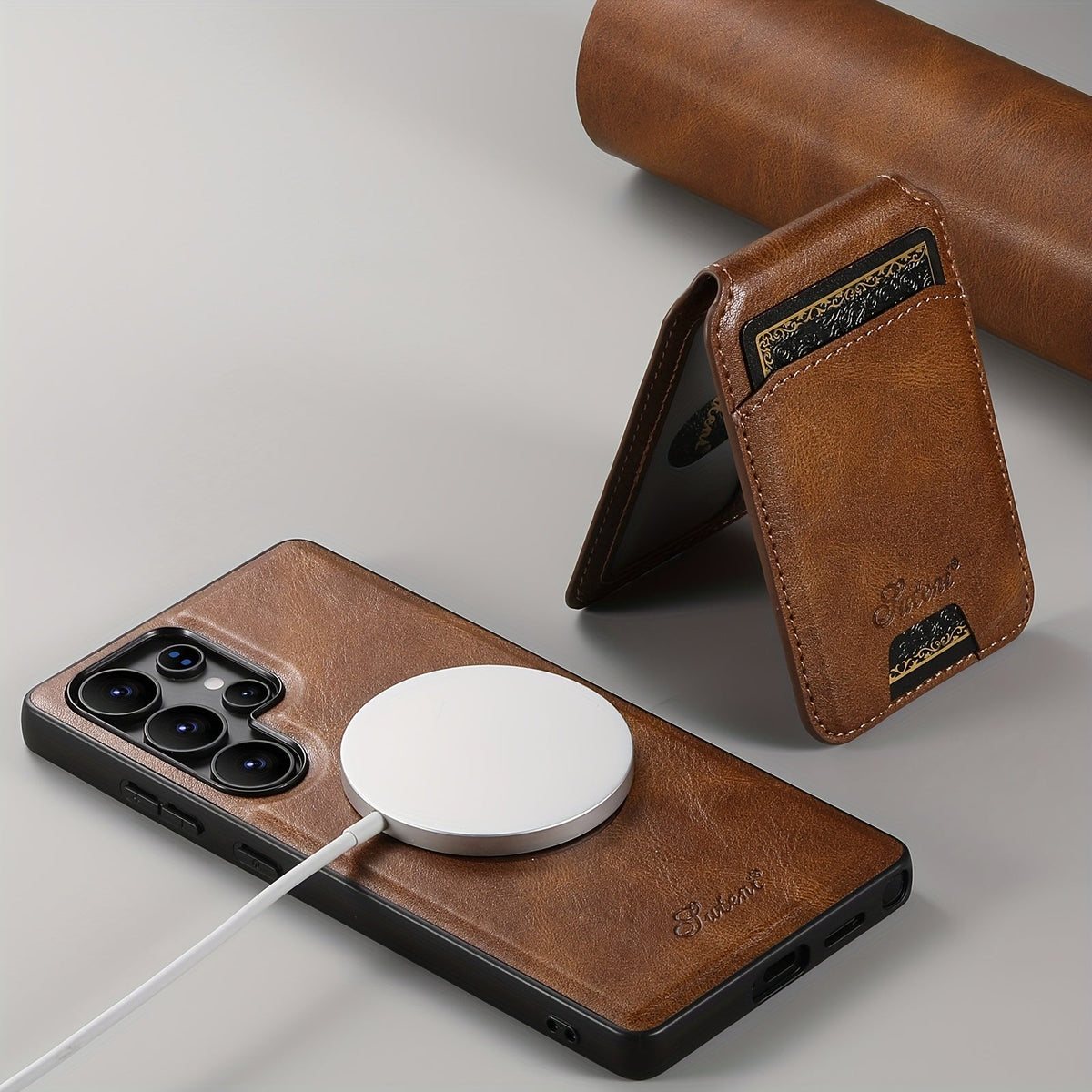 Funda magnética premium de piel con carga inalámbrica, soporte y tarjetero para Samsung