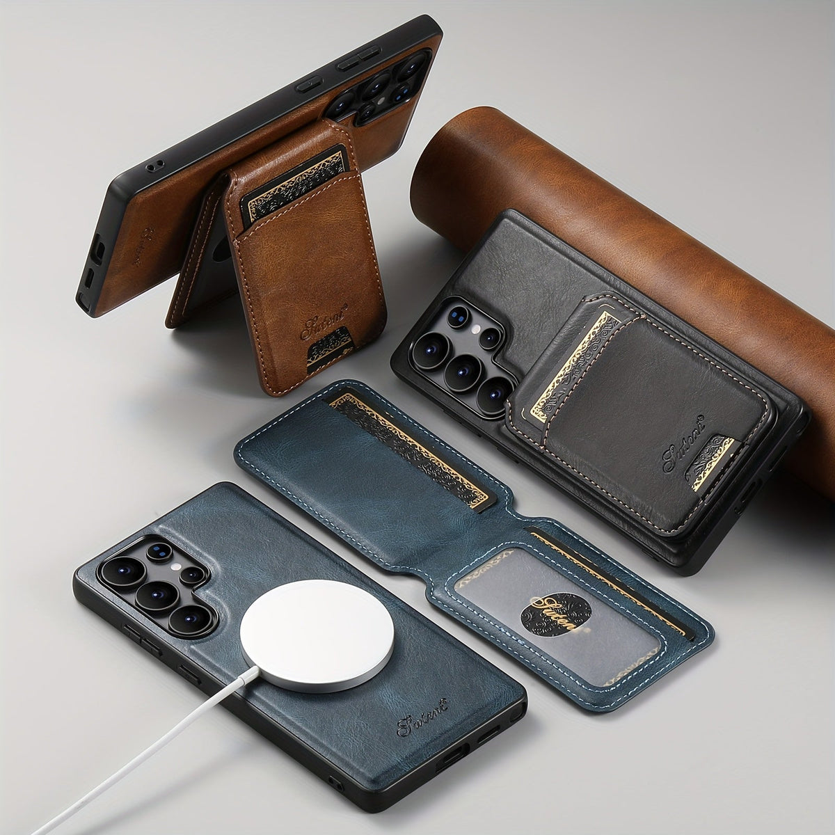 Funda magnética premium de piel con carga inalámbrica, soporte y tarjetero para Samsung