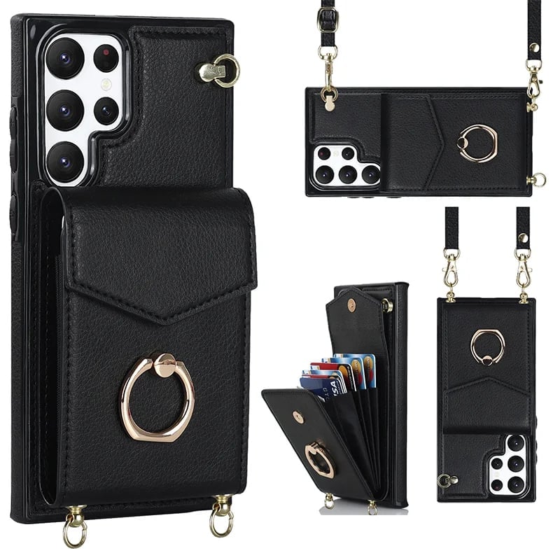 Funda cartera Samsung con correa cruzada y tarjetero, anillo soporte ajustable