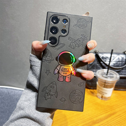 Funda de piel premium con astronauta grabado láser para Samsung, protección reforzada y estilo único